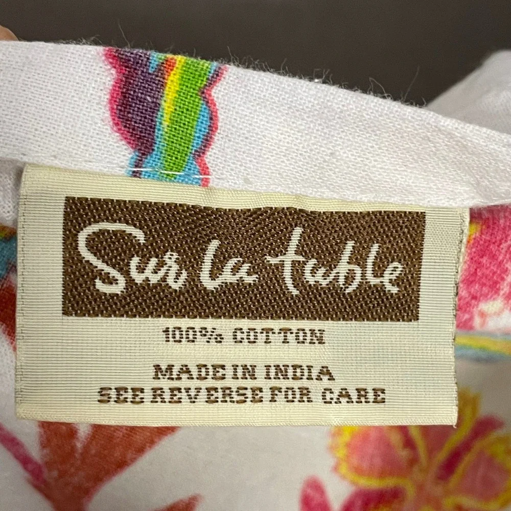 Sur La Table Floral Apron Colorful Cotton Pom Pom Trim Halter Neck Tie Kitchen